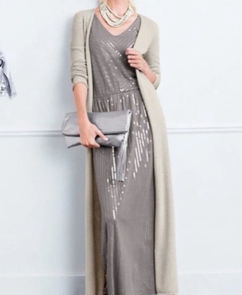 Maxi Vestido Garnet Hill Festival Gris Lentejuelas Cuello en V Sin Mangas XS Nuevo* 767 Foto 2 de 2