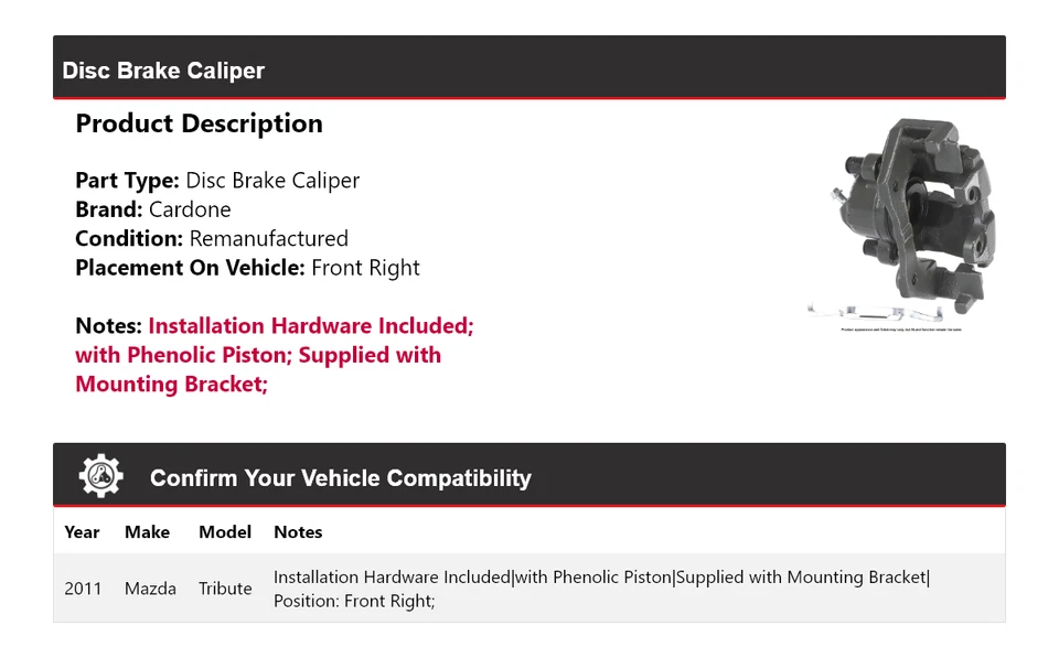 Pinça de freio a disco dianteira direita Cardone Mazda Tribute 2011 - Imagem 2 de 4