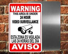 Spanish English Surveillance Sign Warning Security cctv Audio Video Camera 24 Hr