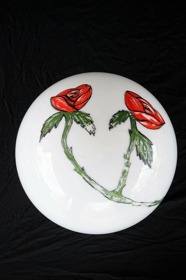 LIGHT SHADE Roses 18" SCHOOL HoUsE  HaNd Painted MiLK Glass Art Deco 1930s 1940s - Image 2 of 4