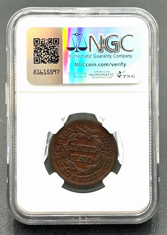 1851/Inverted 18 N-3 Braided Hair Large Cent, NGC VF 35 Brown - Image 2 of 4