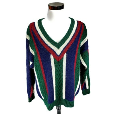 Jed Wear Cable Quilted Green Red Blue White Mens Knit Vneck Cosby Sweater Size L