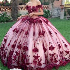 Dark Red Ball Quinceanera Sweet 16 Dresses Lace Applique Off Shoulder Prom Gowns