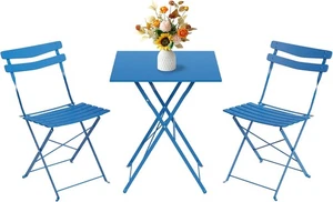 3-Piece Bistro Set Steel Frame Folding Patio Furniture w/ 2 Chair & Bistro Table