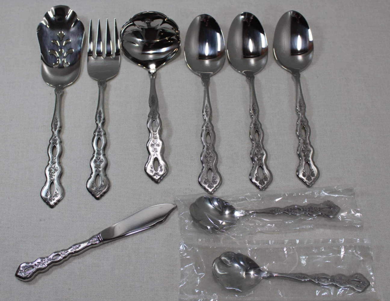 Oneida Community Stainless FANTASY Pierced 9 Serving Pieces Ladle Fork Spoons +