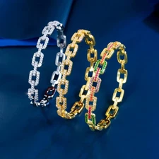 Silver Plated Cubic Zirconia Women Party Geometric Round Cuban Chain Link Bangle