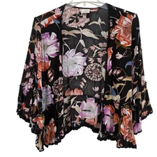 Knox Rose Womens Black Floral Kimono Cardigan Open Front Lightweight Size L