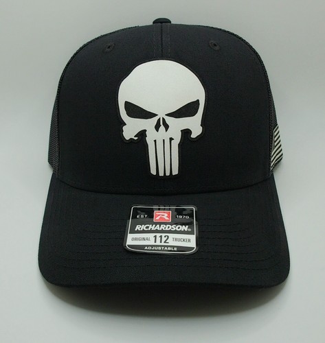 Punisher Skull Hat - USA Flag - Richardson 112 Trucker Hat - Black - Picture 3 of 5