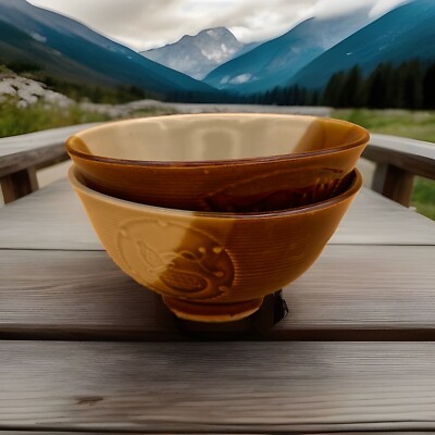 Set 2 Pieces Vintage Porcelain Oriental Style Ivory & Brown Rice Bowls