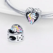 Rainbow Pony horse Unicorn Love Heart Charm Sterling Silver 925