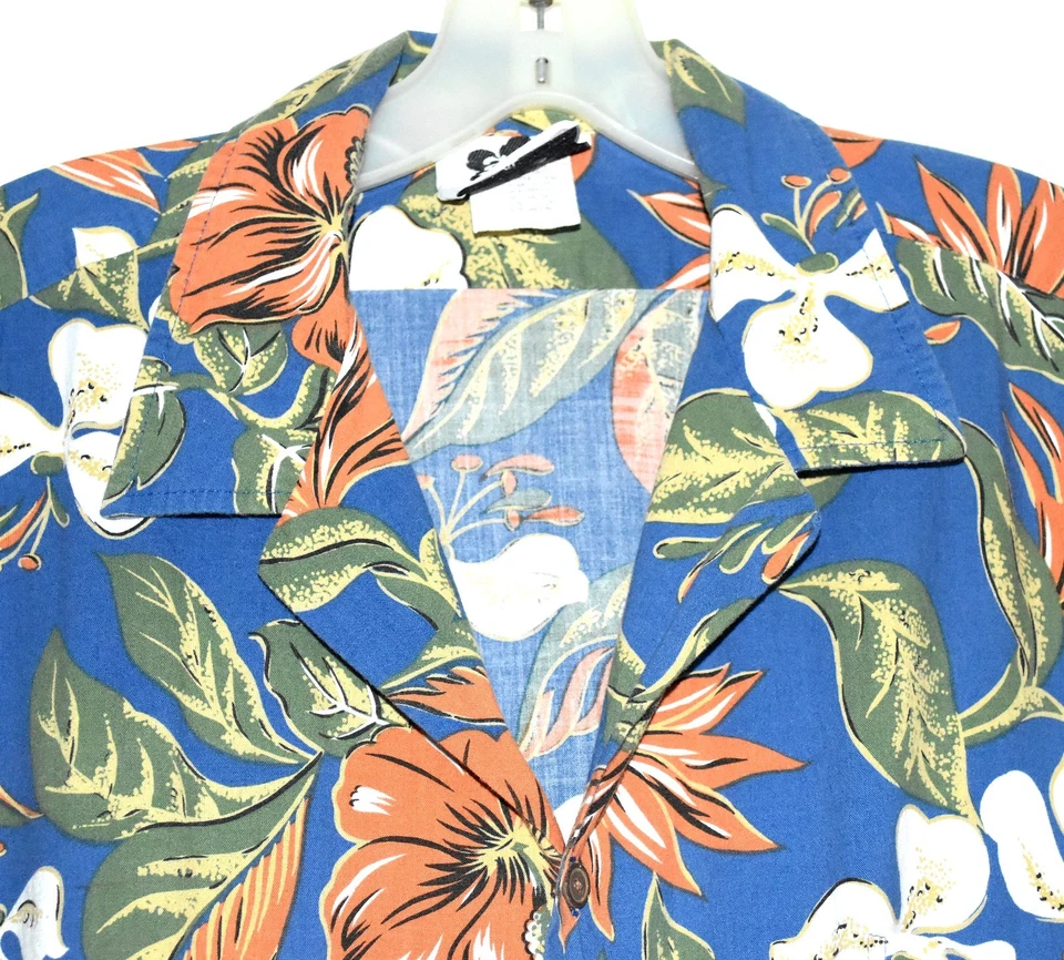 Camisa De Colección Hilo Hattie Hawaiana Aloha Azul con Naranja Hibisco Talla XL EE. UU. Foto 3 de 4