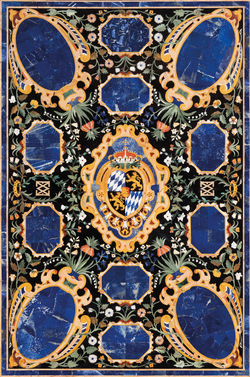 48-Inch Black Marble Pietra Dura Lapis Stone Handcrafted Table Top