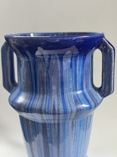 Rare Melrose Hoffman Pottery Twin Handled Urn Vase w Blue Drip Glaze, Art Deco - Picture 17 of 17