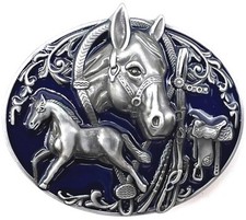 Western Horse Feathers Rodeo Blue Enameled Belt Buckle New