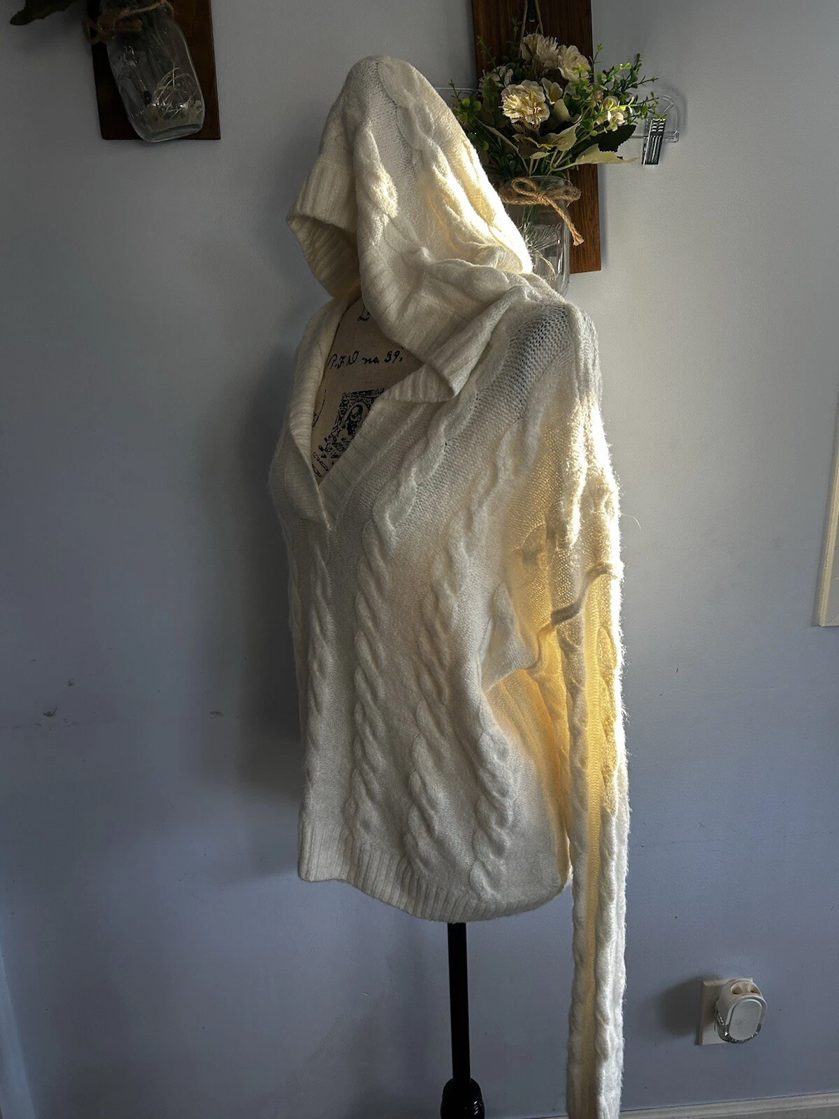 OFF WHITE So Maglione Donna Felpa Con Cappuccio Intrecciato Maglia Avorio Super Morbido Preppy Cottage M