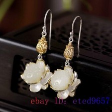 White Jade Flower Earrings Women 925 Silver Chalcedony Jewelry Amulet Natural