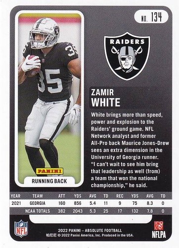2022 Panini Absolute - Rookies Zamir White #134 (RC) - Raiders - Picture 2 of 2