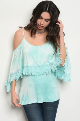 Mint Tie Dye Cold Shoulder Top Size Small Fringe Accent Jersey Knit