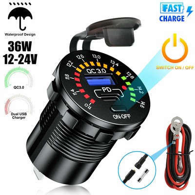 12V/24V Dual USB Car Fast Charger Socket Power Outlet Voltmeter Boat Marine RV