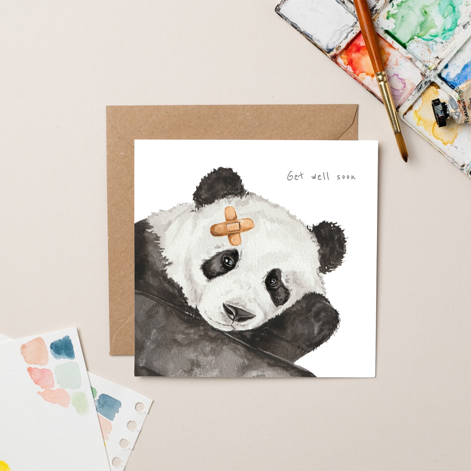 Get Well Card Panda - Modern Stylish Illustrated Watercolour Greeting Card
