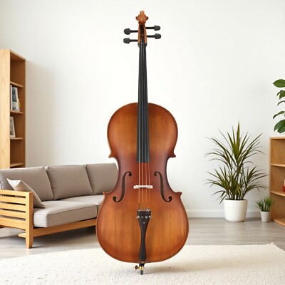 4/4 Full Size Solid Spruce Top Beginner Acoustic Cello Set - Antiqued
