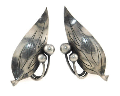 Anton Michelsen AM Denmark 925 Sterling Silver Leaf and Berry Clip on Earrings