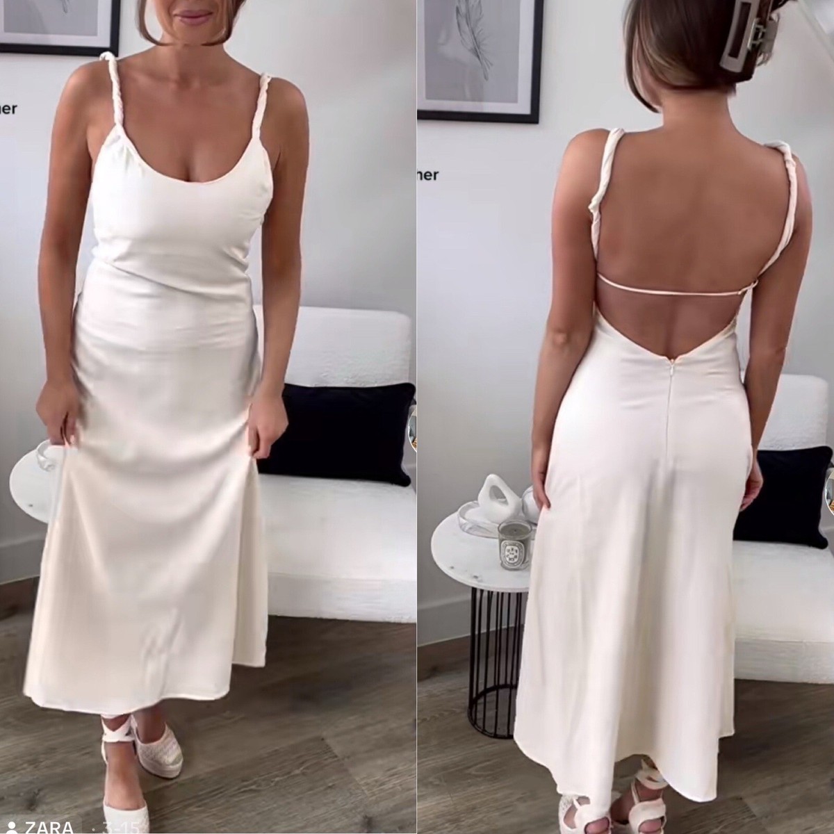 Zara Bloggers Fav Ecru Linen Blend Bohemian Open Back Cut Out Midi Dress Sz L