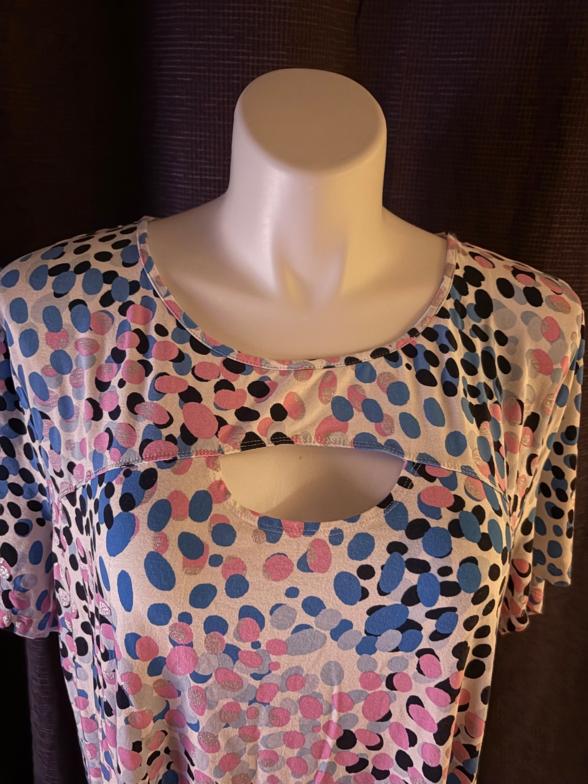 Zim&Zoe Plus Size 26 28 White with Pink & Blue Dots Stretch Blouse Top Tunic
