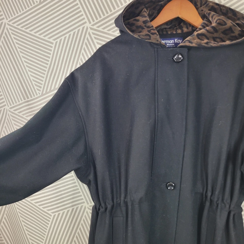Abrigo de invierno con capucha de lana Herman Kay talla grande 1X estampado de leopardo guepardo ribete de terciopelo Foto 3 de 4
