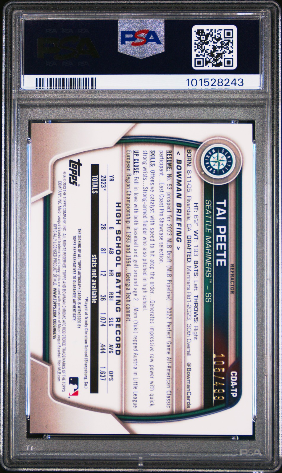 2023 Bowman Draft Chrome Prospect Auto #CDATP Tai Peete Refractor PSA 9 /499 view 2
