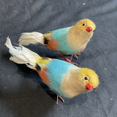 2 Vintage Vogel weiche Faser echte Feder Christbaumschmuck Osterdeko