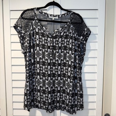 Daniel Rainn Womens XL Black White Ikat Print Crochet Mesh Yoke Blouse Top