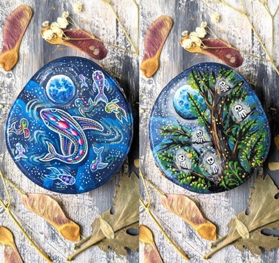 Original Two Sided Cosmic Ocean, Ghibli Wood Slice Art Handmade,, 9x8,4 cm.