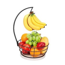 Countertop Fruit Basket Bowl with Banana Hanger, Modern Black Round Marble