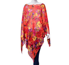 Red Floral Polyester Chiffon Poncho/ Beach Coverup 2916