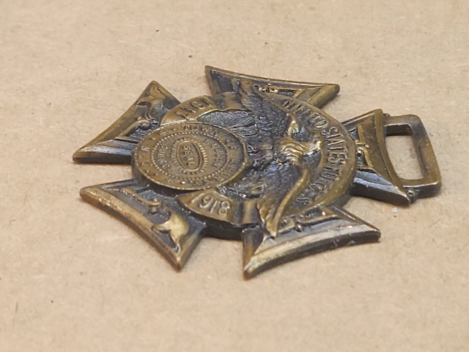 US Forces 1917-1918 Kearny NJ Presentation Watch Fob Medal Brass 1.75" W&H Co