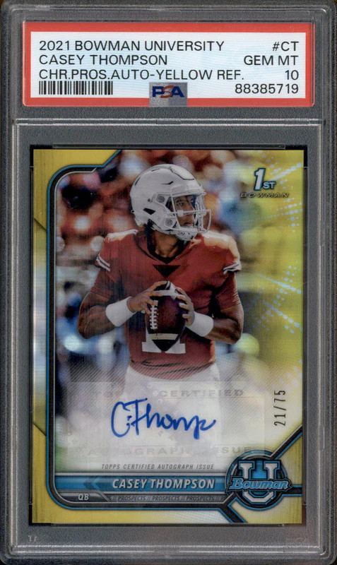 2021 Bowman Chrome University Rookie Auto Yellow Casey Thompson RC /75 PSA 10