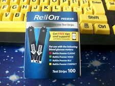 100 RELION PREMIER GLUCOSE TEST STRIPS, 1 X 100, EXP 8-17-2027, GOOD SEALED BOX
