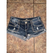 Almost Famous Womens Dark Wash Distressed Denim Shorts Low Rise Y2K Size 11