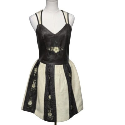 Sonia Dress Womens Small Medium Brown Cream Leather Bodice Floral Lace Panels