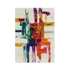 4'x5'10" Castle Ivory Abstract Motifs Wool and Sari Silk Hand Knotted Rug R90249