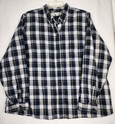 L.L. Bean Women s Plus 3X 100% Cotton Flannel Shirt Blue Green Scotch Plaid 