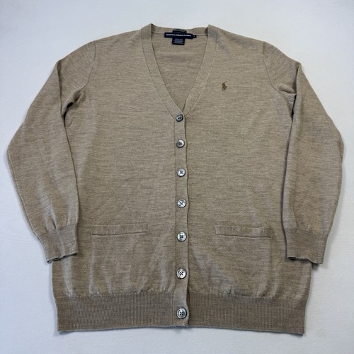 Ralph Lauren Sport Women's Cardigan Sweater V-Neck Wool Boyfriend Fit Tan Large