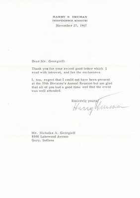 Harry S. Truman - Typed Letter Signed - Unable to Attend 35th Division Reunion