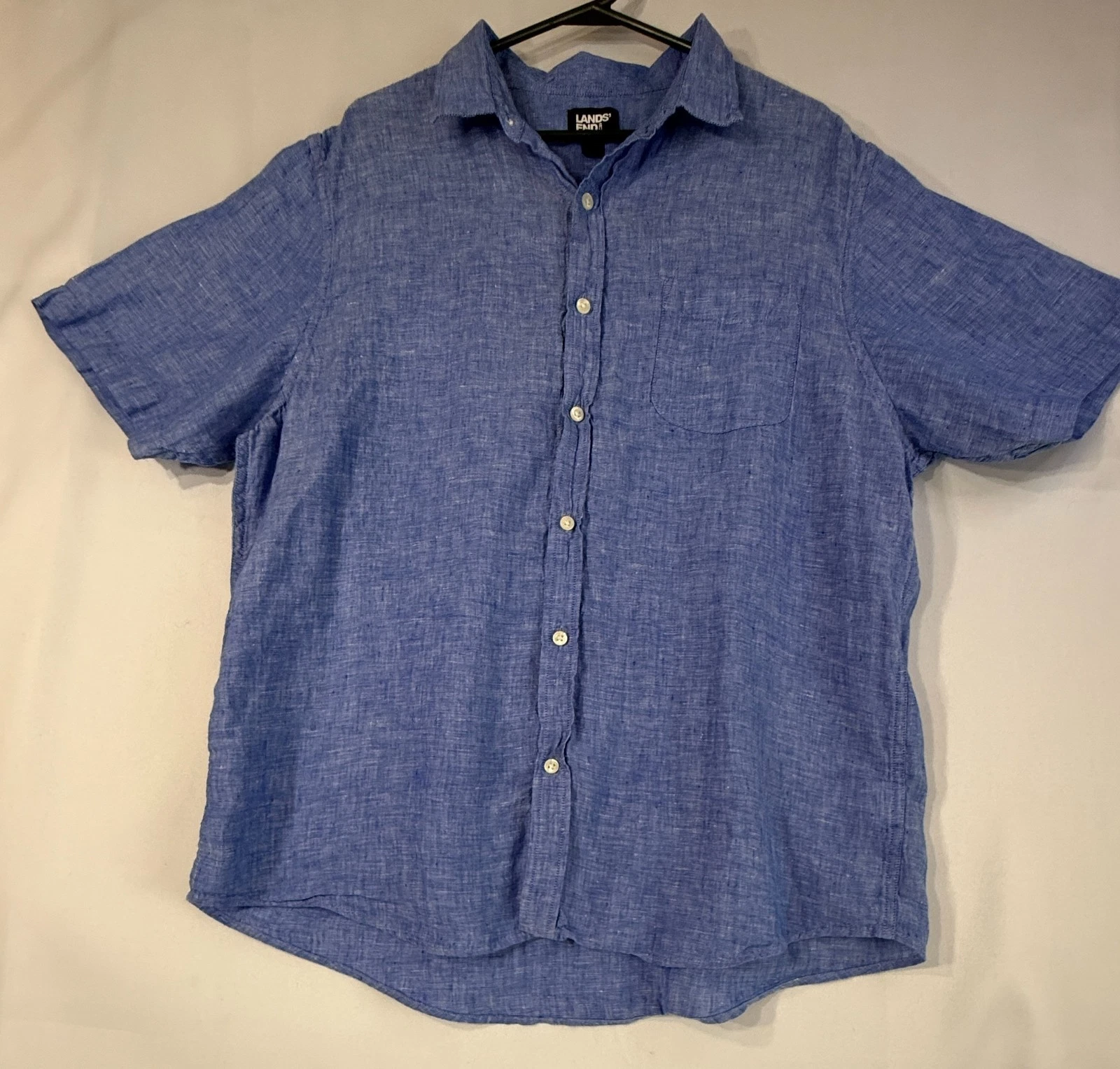 Lands End Mens Large Traditional Fit Linen Shirt Blue Short Sleeve Button Up