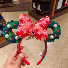 Disney Parks Ears Minnie Christmas Holiday Pearl Wreath Bow Headband