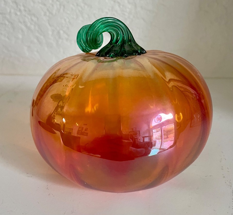 Reflection Orange Background REDUCED! Hand Blown Small Art Glass Pumpkin Orange Clear Green Stem 4.5 ...