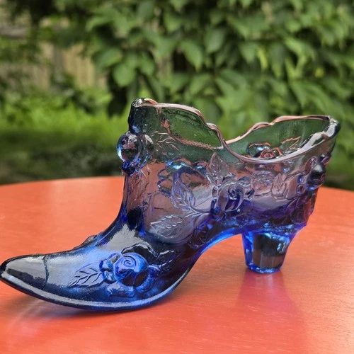 Vintage Smoky Blue Fenton Cabbage Rose  Glass Slipper Shoe Boot 3in H x 6in L
