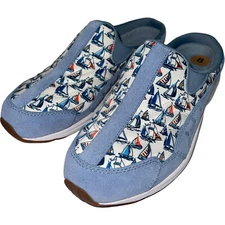 Easy Spirit Traveltime Clogs Sailboats Blue Suede Athleisure Mules Comfort Shoes