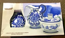 NEW in Box! Bombay Company Blue & White Floral Ceramic Creamer & Sugar Set